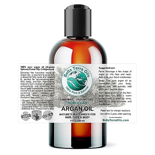 Bella Terra Oils - Argan Oil 8 oz - Pure Moroccan Elixir, Enhances Shine in Hair, Deeply Nourishes Skin, Perfect Oil for Curly Hair