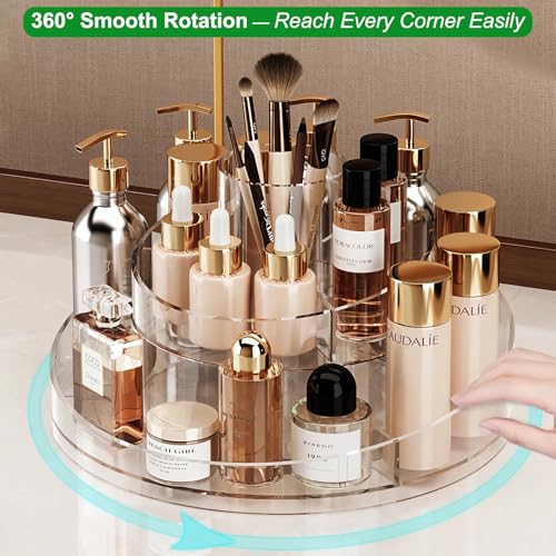 Taiuloo 360 Rotating Makeup Organizer, Clear Acrylic Lazy Susan Cosmetic Storage Turntable for Skincare, Perfume & Lipstick, Round Spinning Tray with Brush Holder for Vanity, Bathroom
