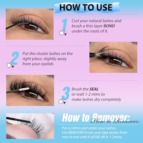 JIMIRE 50D Fluffy Eyelash Extension Kit 280Pcs Volume Lash Clusters Kit Mink Lash Extension Kit with Lash Bond and Seal D Curl Cluster Eyelash Extensions Soft 9-16MM Individual Eyelash Clusters Kit