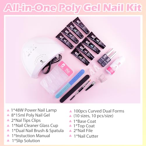 Clara Colors Polygel Extension Gel Nail Kit - 8 Colors Polygel Nail Kit with 48W Power Nail Lamp Nude Clear White Pink All In One Polygel Nail Kit Starter Kit for Beginners with Slip Solution and Tool