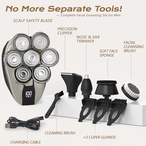 7D Head Shavers for Bald Men, Water Proof Electric Razor for Men with LED Display, Detachable Wet/Dry Anti-Pinch Head Shavers, Shaving Grooming Kit for Balder, Perfect for Home & Travel£¨Black£©