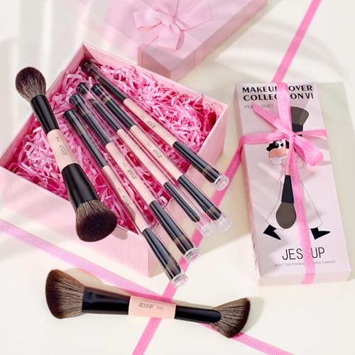 Jessup Makeup Brushes Set 7pcs Double Sided Makeup Brushes for Foundation Concealer Blush Eyeshadow Contour Bronzer Powder Blending Eyebrow Eyeliner, Cruelty-Free Make up Brushes Peach Dust T600