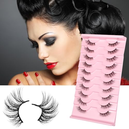 Half Lashes Natural Look Wispy Cat Eye Lashes, 10 Pairs Fluffy 3D Faux Mink Eyelash Fox Eye Lashes Curly Lash Short Strip Fake Eyelashes (BY08, 8-12MM)