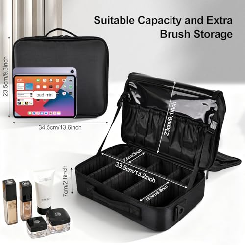 Greenfeather Travel Makeup Bag, Professional Cosmetic Train Case Organizer, Portable Travel Cosmetic Brush Bag Holder Makeup Artist Storage Box with Adjustable Dividers and Shoulder Strap, Black