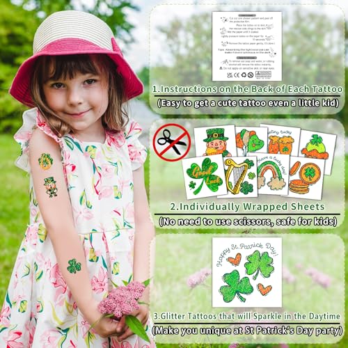 Partywind Glitter St Patrick's Day Tattoos for Decorations, Saint Patrick's Day Accessories for Kids Party Supplies, Irish Shamrock Tattoo Stickers for Green Day Party