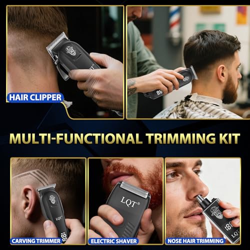 Hair Clippers for Men, 4-Piece Professional Grooming Kit Includes Hair Clipper, LED Power Display,Detail Trimmer and Nose Trimmer, Complete Cordless Set for Home Barber Use (Black)