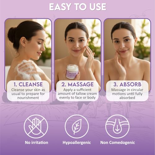 Beef Tallow for Skin, Whipped Beef Tallow Balm for Face & Body with Shea Butter and Lavender Oil, Grass Fed Beef Tallow for Eczema, Dry Sensitive Skin and Rosacea 4 Oz (Vanilla Lavender)