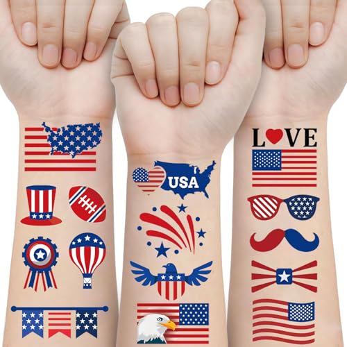 4th of July Temporary Tattoos, 90pcs American Flag Red White Blue Fake Tattoo Stickers, Independence Day Fourth of July Body Art USA National Memorial Decorations for Labor Day Party