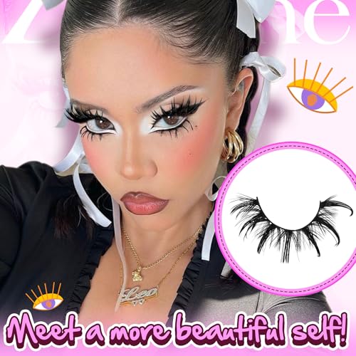 Manga Lashes Cat Eye Dramatic False Eyelashes Wet Look D-Curly Long Anime Lashes Strips Thai Style Manhua Lashes Strips Cosplay Eyelashes Wispy Spiky Lashes 12-20MM 9 Pairs by Zegaine
