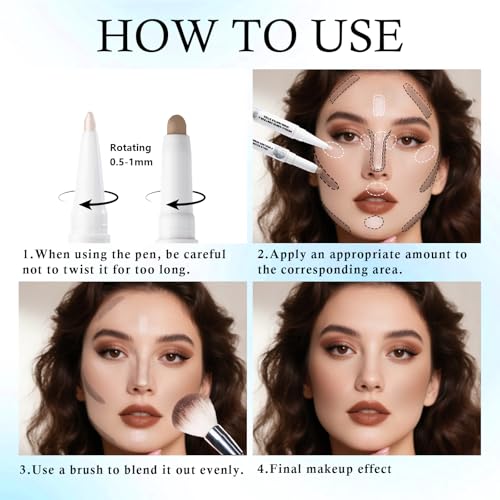 Dual Ended Cool Toned Contour&Champagne Shimmer Highlighter Stick, Cold Grey Creamy Long Lasting Bronzer&Brightener Pen, Blendable Smooth Nose Contouring Stick for Pale Fair Skin Facial Makeup