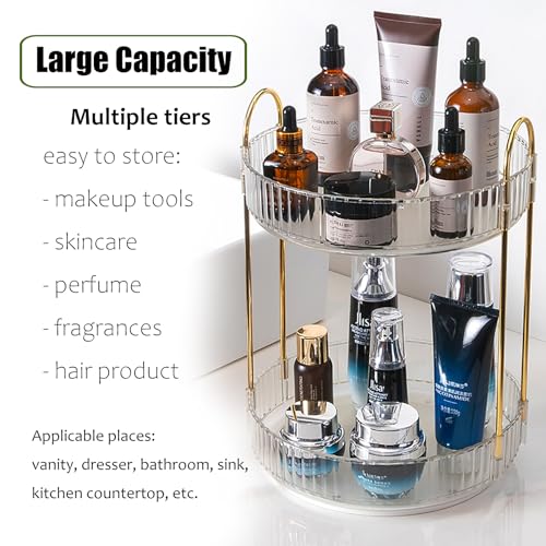 Rotating Makeup Organizer Countertop 2 Tier Lazy Susan Trays Clear Skincare Perfume Storage for Bathroom Counter Vanity, Transparent