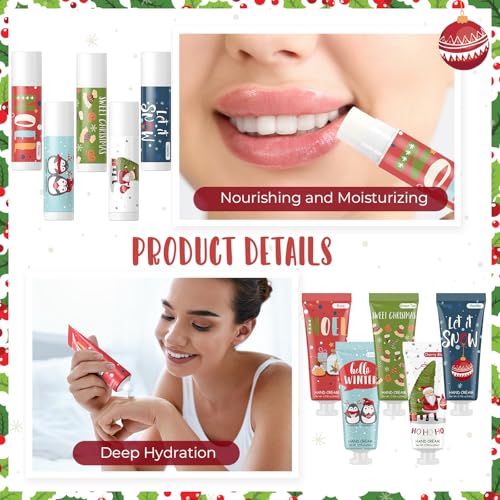 30 Pcs Christmas Hand Cream and Lip Balm Gift Sets, Christmas Stocking Stuffers Travel Size Hand Lotion Lip Balm Xmas Party Holiday Gifts for Women Mom Staff Coworkers Adult Girls