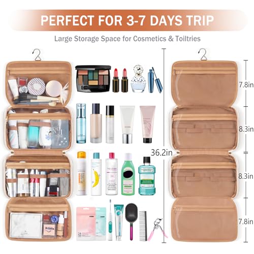 Travel Toiletry Bag for Women Hanging Travel Toiletry Organizer for Full-sized Toiletries Portable Water-resistant Travel Bag with Hanging Hook and 4 Compartments for Travel Essentials and Cosmetics