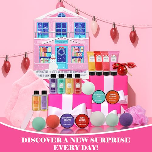 Christams Advent Calnedar, Pink Mom Gift for Hoilday, Beauty Advent Calendar for Daughter Girls, Christmas 24Day Countdown Calendar, Bath Set with Bath Bomb Hand Cream Body Lotion Christmas Sock