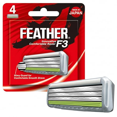 Feather - F3 Razor Blades Refills - Wavy Guard with SiC Ceramic Technology for Smooth Shave - Reduces Irritation and Razor Burns - Innovative Comfortable Blades for Sensitive Skin - 4 Pack