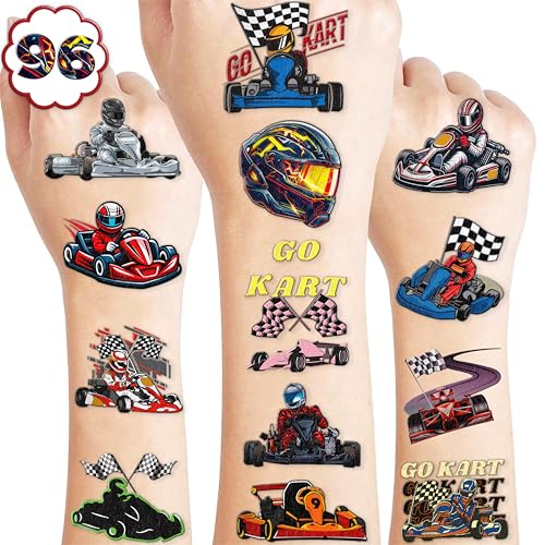 100 PCS Go Kart Car Temporary Tattoos Themed Birthday Party Decorations Favors Supplies Decor Karts Race Car Checkered Flag Racing Tattoo Stickers Gifts For Game Boys Girls Classroom School Prizes