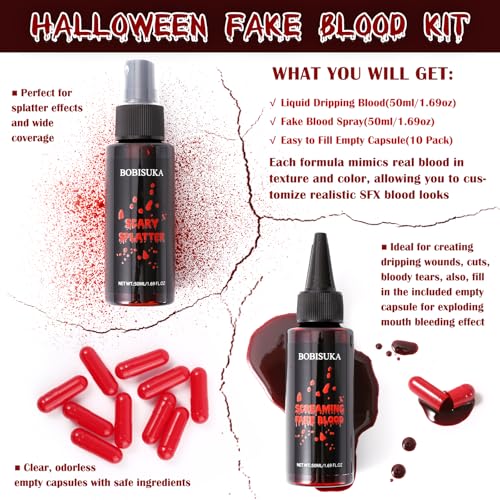 BOBISUKA Halloween Fake Blood Kit, 1.76oz Blood Spray + 1.76oz Dripping Blood + 10 Fillable Empty Capsules, Realistic Washable Fake Blood Makeup for Mouth Clothes Zombie Vampire Monster SFX Cosplay