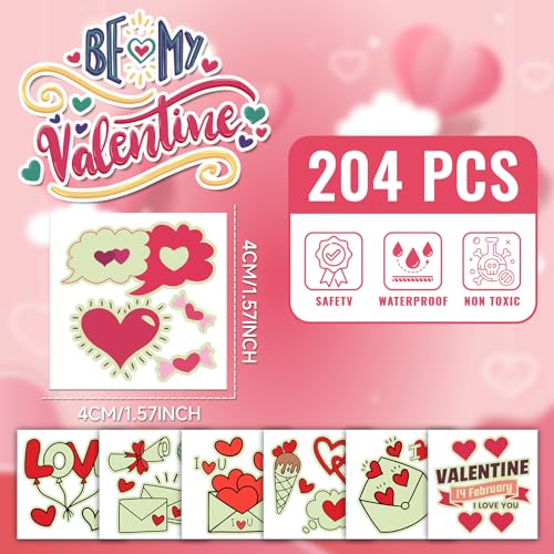 EMOME 204 PCS Individually Wrapped Valentine Luminous Temporary Tattoo Kids, Glow Kiss Heart Tattoos Stickers for Women Kids, Valentine Accessories Decorations Party Favors Supplies