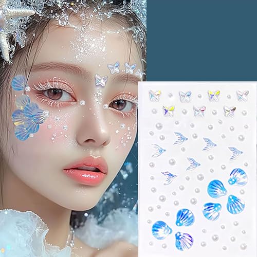 140 pcs Mermaid Face Gems & Seashell Rhinestones -Waterproof Self-Adhesive Face Jewels for Festival, Rave, Cosplay, Body Art (Pearl & Glitter) - Beach Party, Birthday, Carnival Makeup Accessories