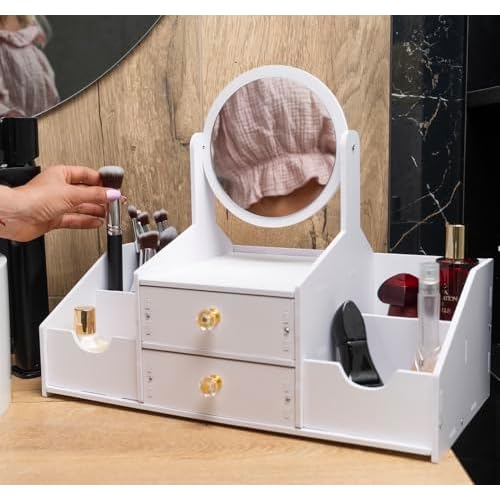 Wooden Makeup Organizer ? Countertop Makeup Organizers with Mirror, Drawers ? Cosmetic Organizer for Brushes, Skincare ? Elegant Make Up Storage Holder for Vanity, Bathroom, Dresser