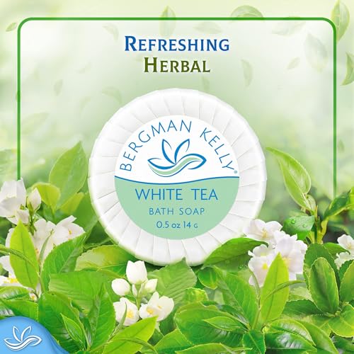 BERGMAN KELLY - Hotel Soap Bars - White Tea, 0.5 oz, 100 PK - Travel Size Luxury Bulk Amenities Bar Soap - Mini Individually Wrapped Round Soap - Small Toiletries for Airbnb, Motel, Guest Bathroom