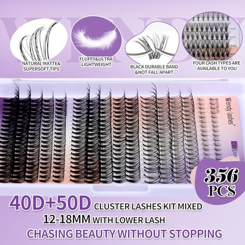DIY Lash Extension Kit Lash Clusters With Bottom Lashes 20/30/40/50D 12-18mm Multi-types Individual Lashes Bond and Seal, Spike, Nature Volume Lashes Kit Lash Applicator(40/50 Kit)