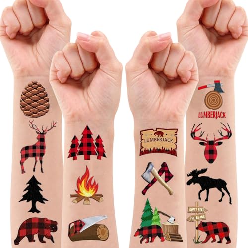 96PCS Lumberjack Temporary Tattoos Themed Woodland Camping Hunting Birthday Party Favors Decorations Supplies Buffalo Plaid Bears Stickers Gifts For Boys Girls Kids School Prizes Carnival Christmas
