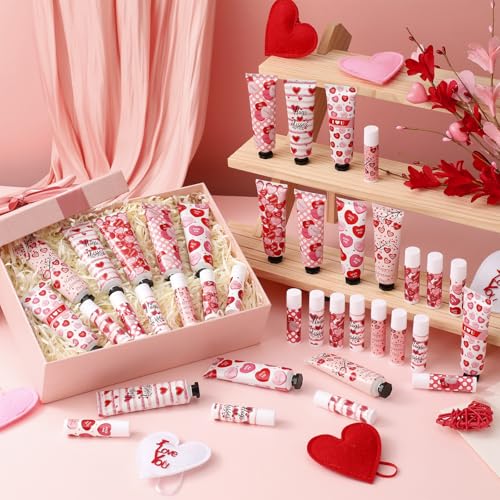 Demissle 24 Sets Bulk Hand Cream & Lip Balm Party Favors for Women ? Red Heart Candy Moisturizing Hand Lotion Set, Easter Basket Stuffers, Teacher & Coworker Appreciation Goodie Bags