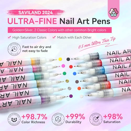 Saviland Nail Art Supplies Kit: 12 Colors 0.5mm Nail Polish Pens for Nail Art & PU Leather Nail Polish Organizer Bag Holds 30 Bottles, Nail Lamp & Manicure Tools