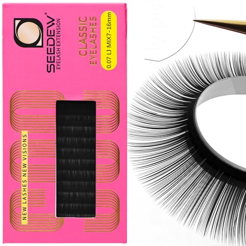 LJ Curl Lash Extensions, 0.07mm LJ MIX7-16mm 16 Rows/Tray, Classic Individual Single Natural Soft Lightweight Eyelashes Grafting for Lash Artists, Beauty Salon(Matte Black-0.07-LJ-MIX7-16mm)