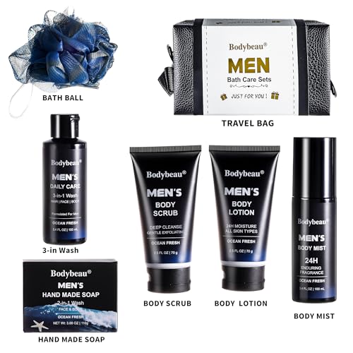 Men's Bath and Body Spa Gift Set - 7-Piece Kit with Daily Care 3-in-1 Wash, 2-in-1 Handmade Soap & Travel Bag - Father's Day/Birthday/Christmas Gifts for Dad, Husband Son from Family