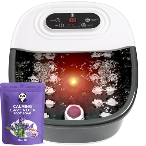 Foot Spa Bath Massager with Heat Bubbles and Vibration Massage and Jets, 16 OZ Calming Lavender Foot Soak Epsom Salt, Foot Soaker with Red Light, 22 Massage Rollers, Adjustable Temp - Black