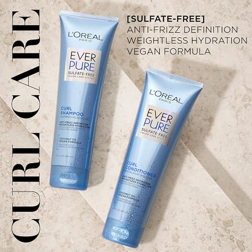 L'Oreal Paris Sulfate Free Shampoo for Curly Hair, Lightweight, Anti-Frizz Hair Care with Coconut Oil, EverPure, 8.5 Fl Oz (Packaging May Vary)