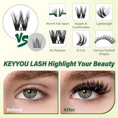 KEYYOU LASH Flora Lash Clusters Kit 3D DIY Lashes Extension Kit Eyelash Clusters 144pcs Thick Individual Lashes Fluffy and Soft Wispy Volume Lashes with Waterproof Lash Bond and Seal & Remover (F01)