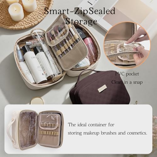YDR Large Makeup Organizer with Brush Holder, Structured Cosmetic Bag for Daily Makeup & Skincare Storage, Multi-Compartment Vanity Case with PVC Pocket