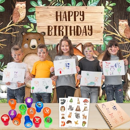 36PCS Woodland Animal Party Favors - 24PCS Pre-Cut Temporary Tattoos & 12PCS Stamps - Ideal Forest Themed Birthday Card Decorations Supplies Goodie Bag Baby Shower Kids Gifts Classroom Rewards Prizes