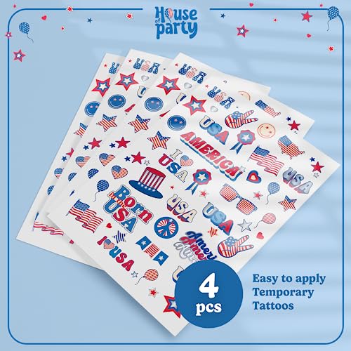 House of Party 4th of July Tattoos - 140 Styles | American Flag and USA Tattoos | Red, White, and Blue Party Supplies | Patriotic Fake Tattoos for Independence Day, Memorial Day, and Labor Day!