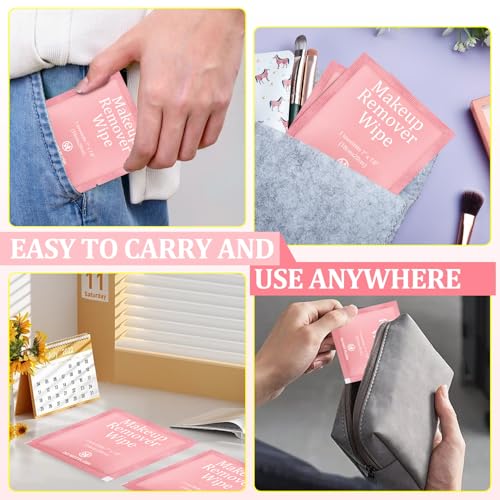 200 Pcs Individual Makeup Remover Wipes Bulk,Individually Wrapped Travel Makeup Wipes,Alcohol Free Face Cleansing Wipe, Remover Wipe with Vitamin E for Travel, Hotel Skin Care(Pink)