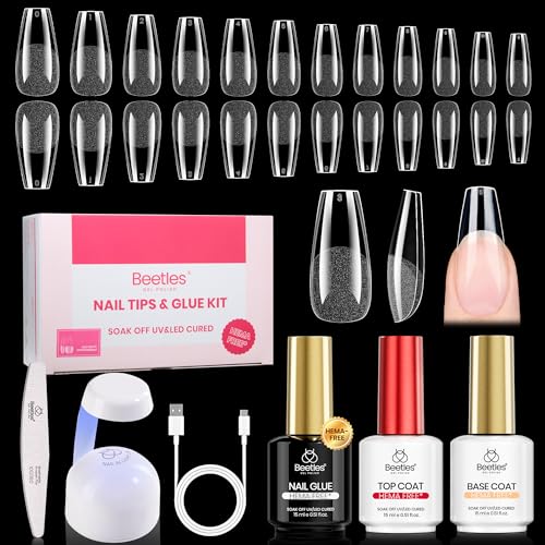 Beetles Gel Nail Kit Etch-X, Coffin Medium, 288pcs 12 Sizes Nail Tips, 3Pcs 15ml HEMA-Free Nail Glue Top Coat & Base Gel Set, with Mini Lamp, Press On Nail, Long Lasting Extension DIY Set at Home