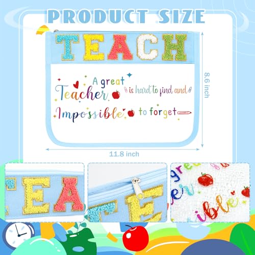 Kacctyen 4 Pcs Back to School Makeup Bags Gift for Teacher Chenille Letter Toiletry Bag Pouch with Zipper Travel Accessory Organizer Gifts Women Teacher