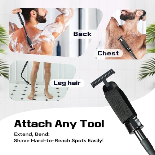 Safety Razor Extension Handle with Adjustable Length for Leg Razor,Back Shaver for Men,Multi-Function Extension Shaver Handle can be Fitted Lotion Applicator,Hair Brush for Wet or Dry - Black