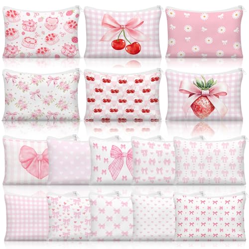 Kacctyen 16 Pack Pink Bow Makeup Bag Bulk Coquette Cherry Cosmetic Bag for Women Girly Wedding Aesthetic Pouch Lovely Heart Strawberry Preppy Pouch Zipper Gift Coquette Birthday Party Favor Supply