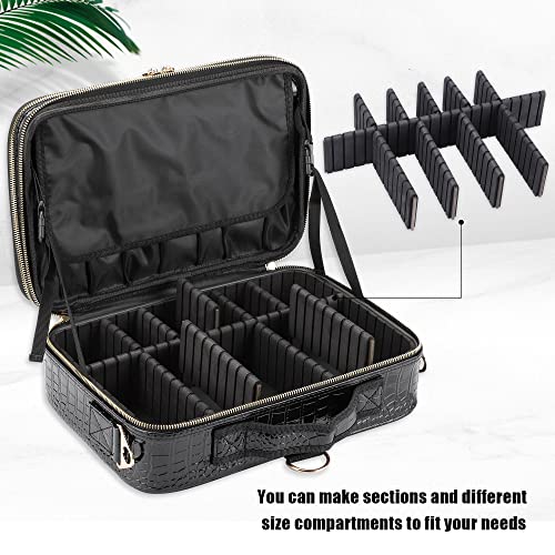 JOURMON Travel Makeup Train Case,Large Capacity Cosmetic Bags for Women,Portable Makeup Bag Organizer with Adjustable Dividers & Shoulder Strap (Crocodile Pattern Black,Medium)