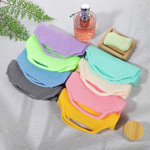 12Pcs Exfoliating Back Scrubber with Handles, Nylon Back Exfoliator Washers Scrubbers Stretchable Pull Strap Exfoliating Washcloth Body Scrubber Cloth Towel for Shower Skin Massages