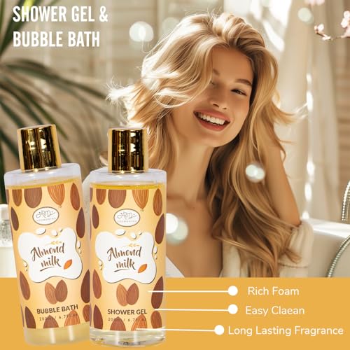 Valentines Day Gifts for Women Spa Gifts Baskets for Women W/Bubble Bath, Bath Salt, Soy Candle, Gifts for Mom Her Female Sister Mother Teacher, Gifts set with Almond Milk Nourishing Bath & Body Care