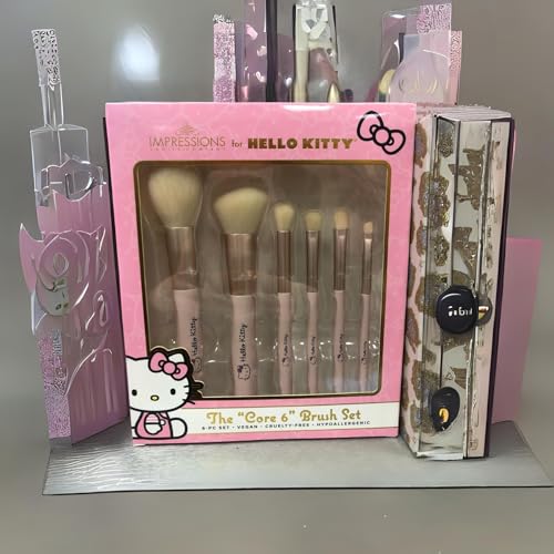 Impressions Vanity Hello Kitty The Core 6 PCs Makeup Brush set with Aluminum Ferrule, Super Soft Makeup Brushes for Foundation, Face Powder, Blending, Defined Shadow, Eye Shadow, and Liner (Pink)