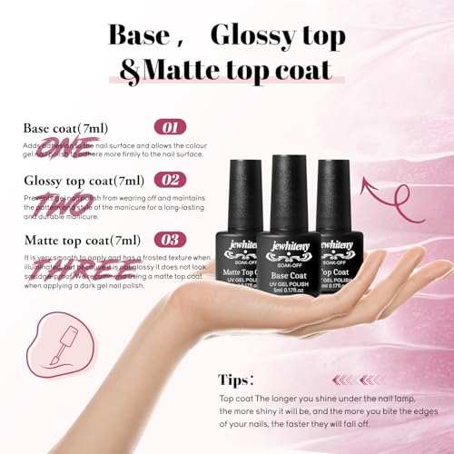 JEWHITENY 45PCS Gel Nail Polish Kit with U V Light LED Nail Lamp And 2 Bottle of 10ML Top Coat Base Coat