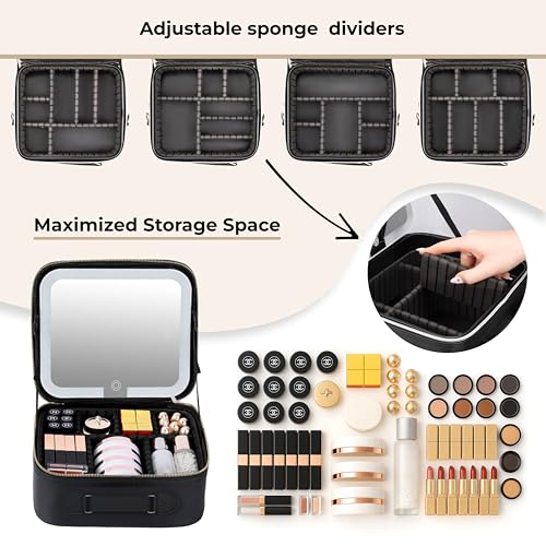Makeup Bag with LED Mirror, PU Leather Makeup Case - 3 Adjustable Brightness Levels, Lighted Cosmetic Case with Mirror, Dividers - Make Up Portable Storage Travel Organizer with Handle
