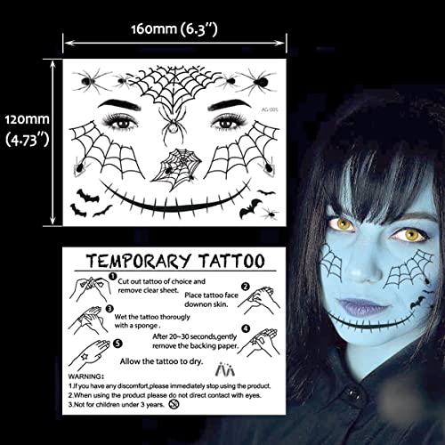 Halloween Spider Temporary Tattoos Web Face Makeup Supplies - 12 Sheets Full Face Scary Black Fake Spiders for Day of the Dead Stage Show Witch Costume Party Prank Props