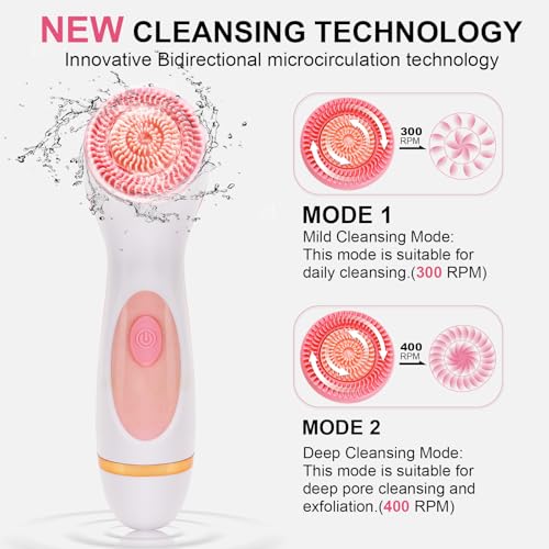 Facial Cleansing Brush, Waterproof Dual-Rotation Face Scrubber Exfoliator with 3 Brush Heads and 2 Adjustable Speeds, Rechargeable Exfoliating Face Brushes for Cleansing and Skin Care (Pink)